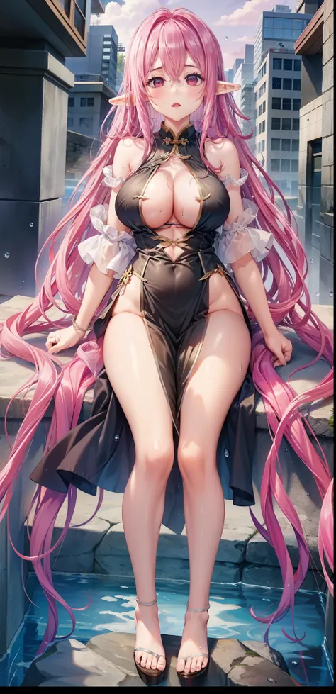 wife，  big breasts  ， bare torso ,    long pink hair，Elf ears，outcrop，cheongsam，纹胸，Big thighs ，Wet，Water Drops。Aho