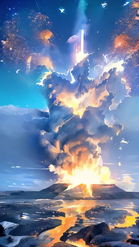 Massive volcanic eruption 、 global eruption 、 、 Photos from Space 、 showing the whole of Greenland {x} The eruption reached the stratosphere々 spreading across the earth 、 high image quality、 High Quality 、masterpiece、wallpaper、8k、