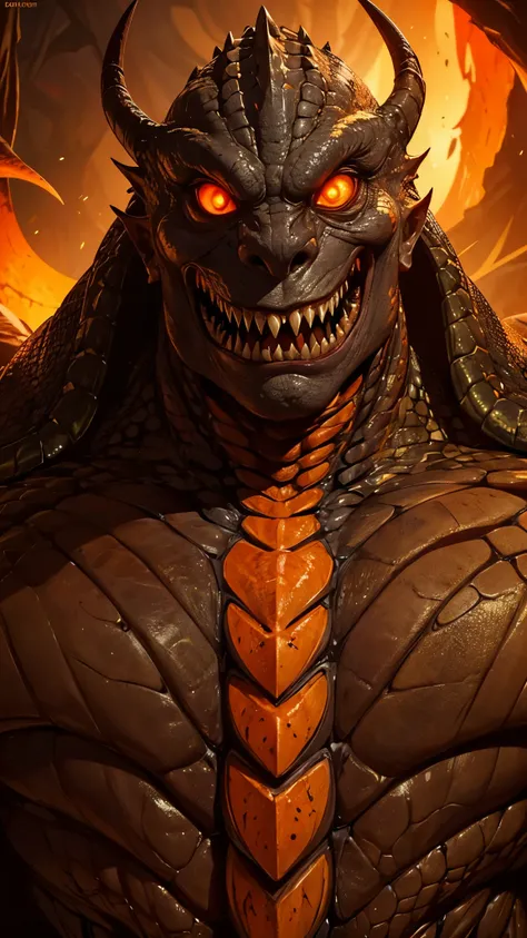 a reptilian humanoid creature with brown scales, detailed scales texture, sharp teeth, glowing orange eyes, dark fantasy, horror atmosphere, dramatic lighting, fear and hunger expression, highly detailed, 8k, photorealistic