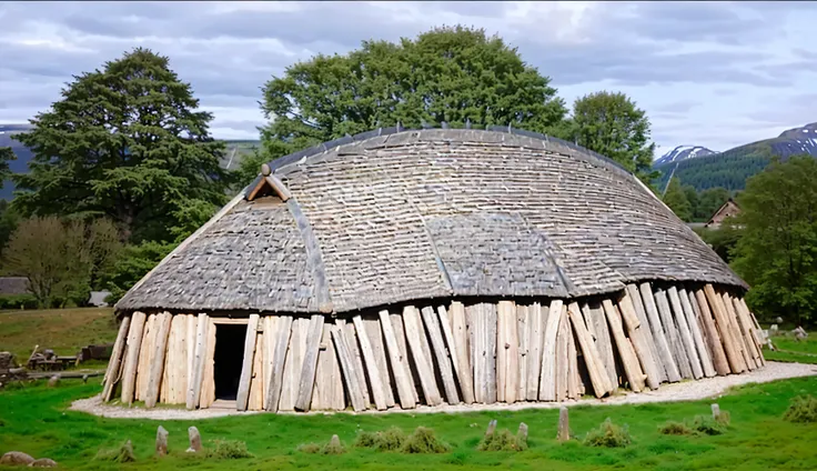 there is a large wooden structure with a roof made of logs, longhouse, viking palace, viking culture, wooden buildings, rounded roof, megalithic buildings, viewed from a distance, hut, early medieval, wooden structures, ancient alien tools and houses, witc...