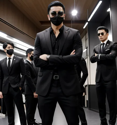 28-year-old male、gather。10 guys 、 black suit、 black slim pants、Black Gloves、mafia、Vacant lot、カッコイイ battle pose、  The crotch part of my pants is swollen ,Gay ,  short hair, smooth hair 、 stubble,　 arabic face、 Shockers Sberto。　 battle pose　 upper body up 　　...