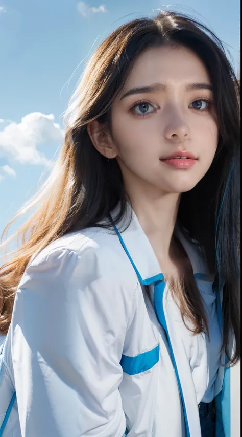 A girl，Beauty and Fashion，long white curly hair，Blue highlights light blue sports jacket，White T-shirt underneath，crossbody bag，Background blue sky and white clouds，Half-length photo，Close-up of face，perfect Eye，Motion capture，Exquisite graphics