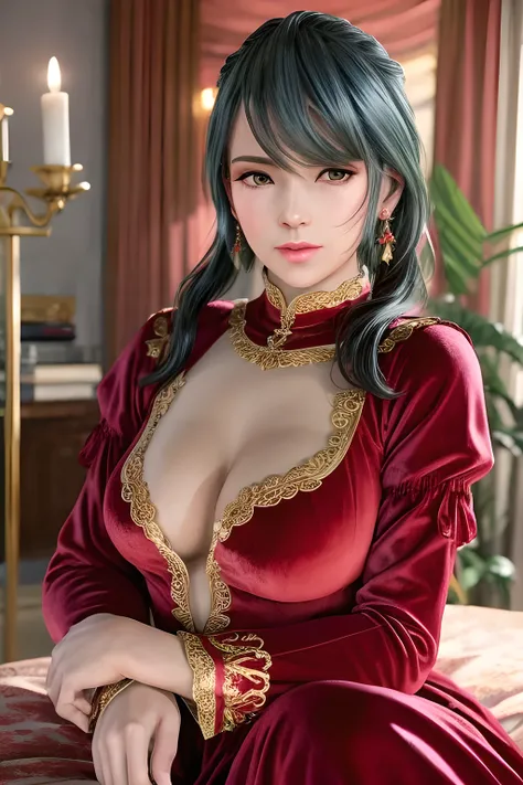 (1girl:1.5),Dressed in luxurious red (velvet long-sleeved dress: 1.5), she has an elegant pose and gazes forward. She has flowing wavy hair and wears delicate earrings that complement her classical look. The background is a cozy vintage interior with white...