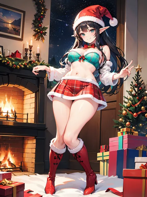 detailed image, realistic image, 1 elf, has very long black hair, wavy, turquoise eyes, smiling. She has a curvy body, medium breasts, slim waist, wide hips, thick thighs. She is dressed in a red Christmas bra, Christmas hat, pleated mini skirt with Christ...