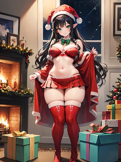 detailed image, realistic image, 1 elf, has very long black hair, wavy, turquoise eyes, smiling. She has a curvy body, medium breasts, slim waist, wide hips, thick thighs. She is dressed in a red Christmas bra, Christmas hat, pleated mini skirt with Christ...