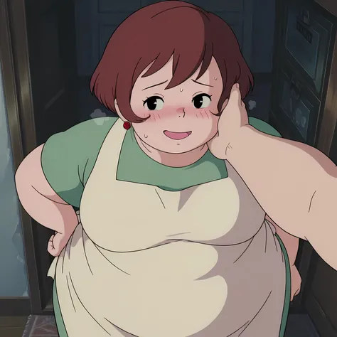 1girl,solo,mm,mature female,short hair,brown hair,black eyes,earrings,anime coloring,
dress,apron,cowboy shot, hand on own hip, looking at viewer, smile,indoors
,masterpiece,best quality,amazing quality,swollen face, fat, chubby, obese, open mouth, out of ...