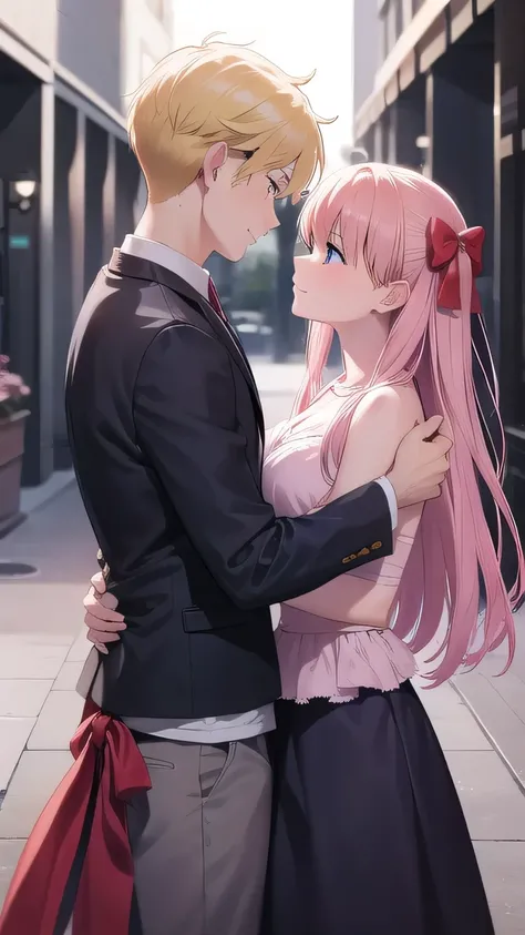 The woman has pink hair with a red ribbon and the man has blonde hair, a beautiful young couple is fighting