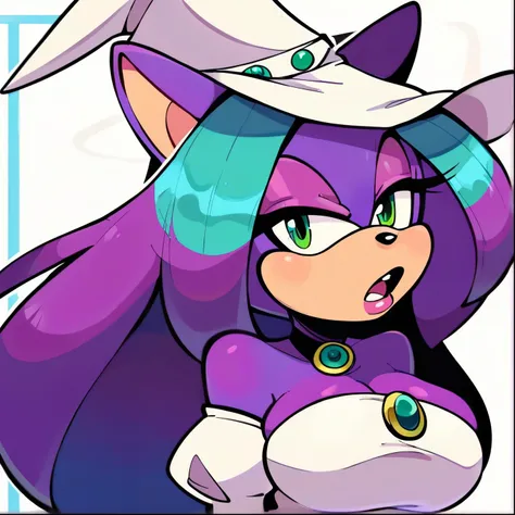 score_9, score_8_up, 2D, flat color, forest background, looking at viewer, 1girl, very detailed, extremely detailed, from the sonic the hedgehog series, portrait, curious expression, small open mouth, mix of confusion and shock, sound lines, makeup, (white...