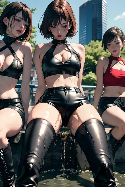 anime, best quality, high quality, highres, beautiful women, high detail, good lighting, lewd, hentai, (((bike shorts))), (leather halter top), (bare midriff), (cameltoe), (((leather thigh high heel boots))), (bare thighs), (wet shorts), (((wetting herself...