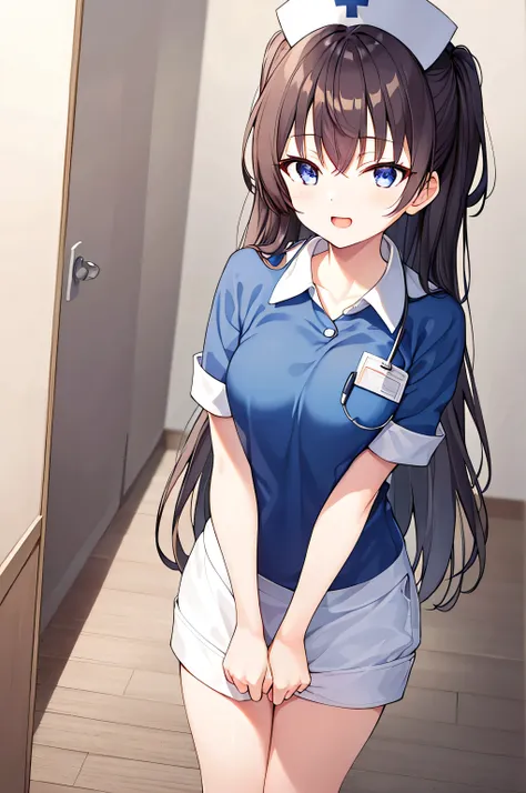  1 girl, nakaNo._future,   Unique , Scantily clad, ,  blue_ have eyes , brown_hair, Long_hair, hair_between_ have eyes , White_, _clothing, White_ Background and  , hospital，Ward，Nurse hat，Nurse uniform，Whites Wings，Watching_Shown in_ Use the following met...