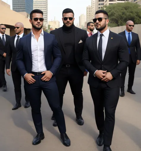 29-year-old man , 5 guys 、 group photo 、 black suit、mafia、Vacant lot、  block with legs wide apart、  The crotch part of my pants is swollen,  bulging muscles  ,Gay ,  short hair,  short hair、 stubble,Iraqi。 black sunglasses　 upper body up 　