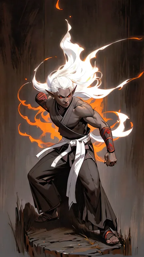 dark elf, drow, young, teen, baby, boy, karate boy, pointed ears, gray body skin, short white hair, sharp piercing red eyes, traditional white karate gi, vibrant black belt, determined stance, one hand raised in a defensive position, the other prepared to ...