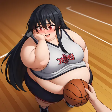 1girl,solo,akame, long hair, black hair, red eyes, hair between eyes, smiling , basketball uniform, shirt,shorts,holding basketball,standing,background basketball court swollen face, fat, chubby, obese, open mouth, out of breath, absurdres, highres icon, r...