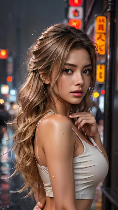 8k, RAW photo, best quality, masterpiece:1.2), (realistic, photo-realistic:1.37), Tokyo street, night, rain, wet, cityscape, night, cyberpunk city, soft light, 1girl,, extremely beautiful face, bust, put down hands, Random hairstyle, Random hair color, Ran...