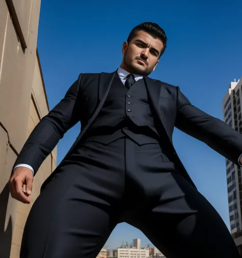 30-year-old male、 black suit、 black slim pants、mafia、Vacant lot。カッコイイ battle pose、  The crotch part of my pants is swollen ,Gay , Short hair perm、 stubble,　Handsome Turkish face、 Shockers Sberto。　 battle pose　 upper body up 　View from below　 black suit