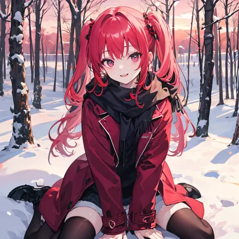  forest full of trees and vegetation 
Full of snow 
Schedule : Beautiful sunset

Beautiful Christmas with a cold temperature , 

 Satanichia McDowell sitting and dressed beautifully in a coat ,
 doing a nice pose

magenta eye color 

And red hair tied with...