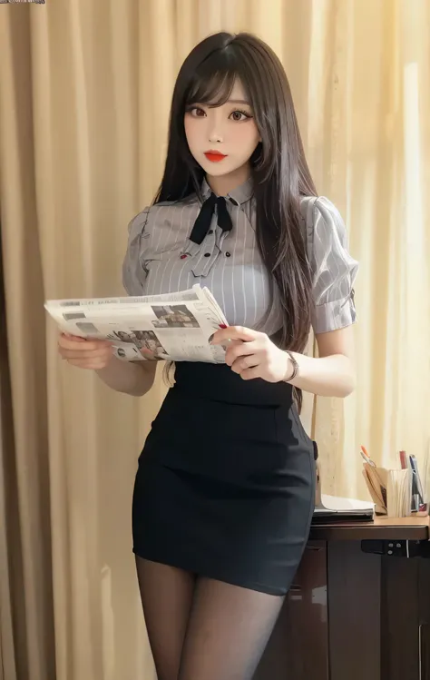 Photorealistic, Hanfu Chinese female celebrity office lady wearing a gray blouse and black pencil skirt, reading newspaper, red lips, long silky black hair, perfect bangs, eye shadow, attractive beauty, long black eyelashes, black eyeliner, seductive young...