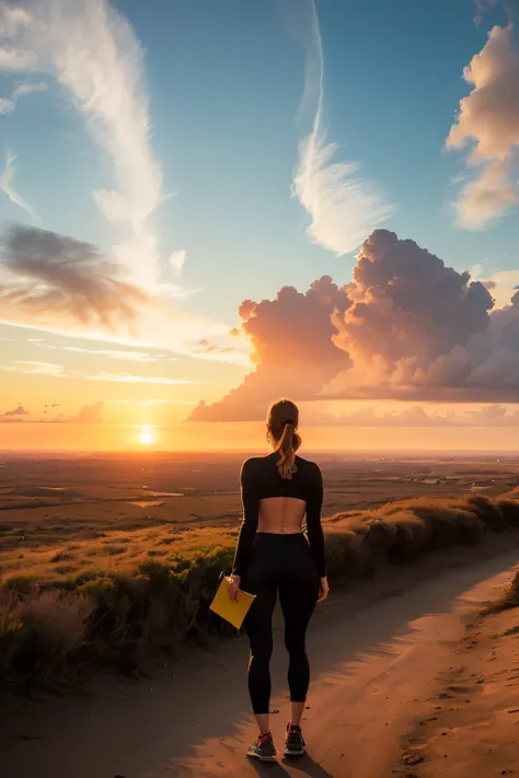 ((A cinematic scene of a fit woman standing in front of a sunrise or sunset, with a vast open landscape stretching out before her. She is dressed in comfortable workout clothes and holds a fitness planner or a notebook in her hand, symbolizing the power of...