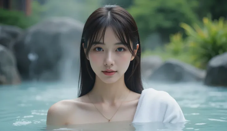 (  knight :1.7),  Oriental architecture , 1 female, ((hot spring, hot spring:1.4)), moist skin, ((fog:2.1)), ( steam rises :1.8),  growing skin , Glowing Skin, ((partially submerged in hot spring:1.4)),   place a wet white towel close to the body  ,   slig...