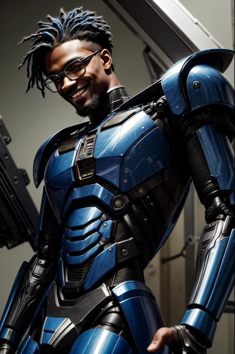 masterpiece, best quality, extremely detailed, hyperrealistic, photorealistic, a cool american 20s man, black skin, ultra detailed face, blue hair, dread hair, glasses, body suits, blue robot clothes, perfect mechanical arms, smiling, mecha base
