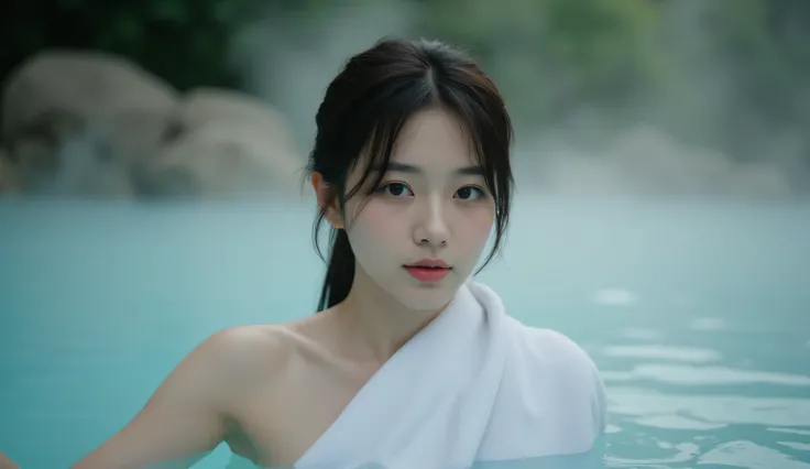 (  knight :1.8),  Oriental architecture , 1 female, ((hot spring, hot spring:1.4)), moist skin, ((fog:2.1)), ( steam rises :1.8),  growing skin , Glowing Skin, ((partially submerged in hot spring:1.4)),   place a wet white towel close to the body  ,   slig...
