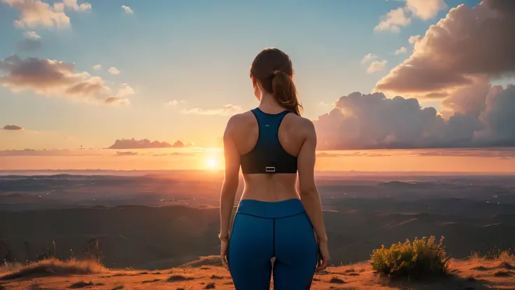 ((A cinematic scene of a fit woman standing in front of a sunrise or sunset, with a vast open landscape stretching out before her. She is dressed in comfortable workout clothes and holds a fitness planner or a notebook in her hand, symbolizing the power of...