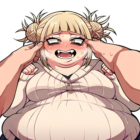 Himiko toga from my hero academia, cartoon screencap, masterpiece, Standing, swollen face, fat, chubby, obese, open mouth, out of breath, absurdres, highres icon, rating:General, confused, blush, {flustered}, nervous sweating, portrait, pov hands, hand on ...