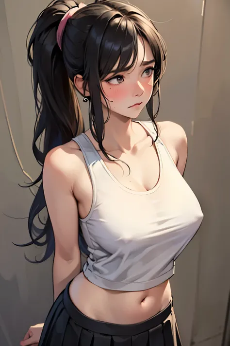 Masterpiece, photo realistic hyper details, simple style, upsize knit tanktop, (medium breast:0.6), erect nipple, wavy hair, shoulder-length hair, ponytails, skirt, sad face, blushing