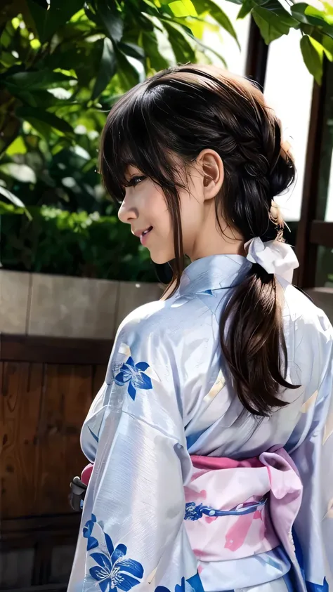 (turn around、 View from behind、 woman standing in a yukata)、(shrine)、(Squint your eyes and laugh:1.5、 big smile when looking back)、( realistic 、 as pictured 、live-action、8k,  realistic ,  RAW photo,  Max Image: 1.4),   SLR camera、 RAW photo,   top quality ...