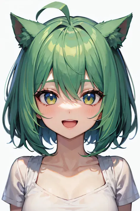 1girl,standing in honor,frontal face,white background,green hair,bob hair,bob style,hairs between eyes,cat ears,ahoge,arms at sides,solo,looking at biewer,open mouth,smile,upright,white t-shirt,face closeup,frontal face,Short Hair、Pure white background、Pur...