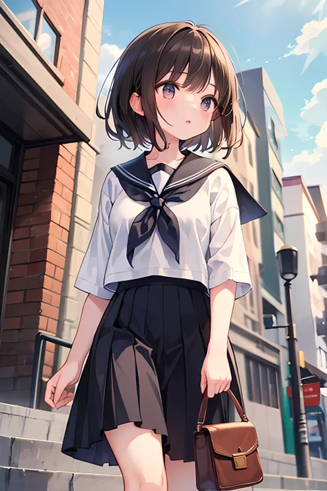 (masterpiece, best quality),1girl, solo, outdoors , parted lips, black hair, white shirt, serafuku, brown hair, depth of field , look up, walking, from below, bag, looking to the right, gazing into the distance