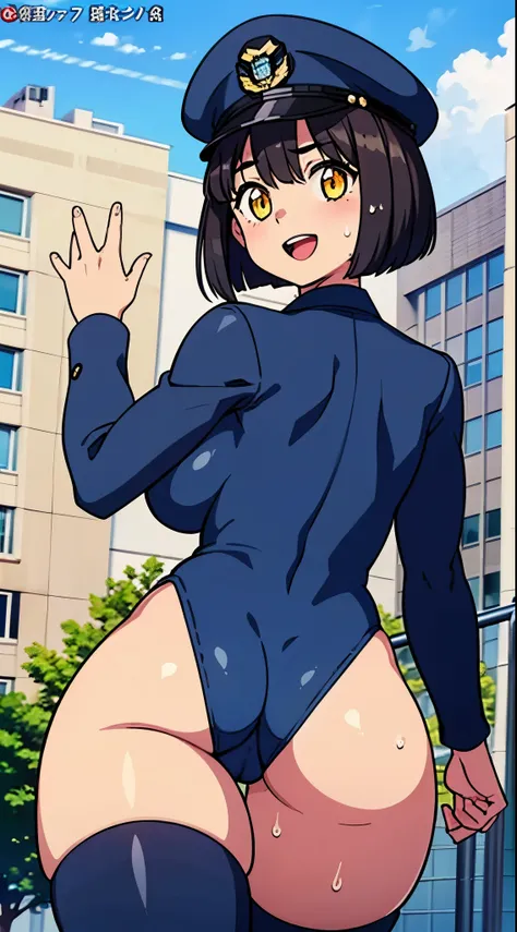 ( perfect body), top quality,( 8K Portrait ),( official art)、(((Muscular)))、(Police hat)、Surprised、 one girl 、  photo showing test style  、((thick thighs))、:d、((From behind)),(sweat),(((( big breasts))))、( big butt )、 thick thighs、(dark hair),(( bob cut ))...