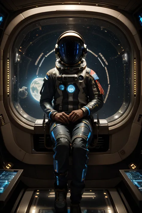 A highly detailed astronaut floating in a futuristic space station, hyperrealistic, intricate machinery, glowing holographic displays, sleek metallic surfaces, dramatic lighting, cinematic composition, vivid colors, 8K, photorealistic