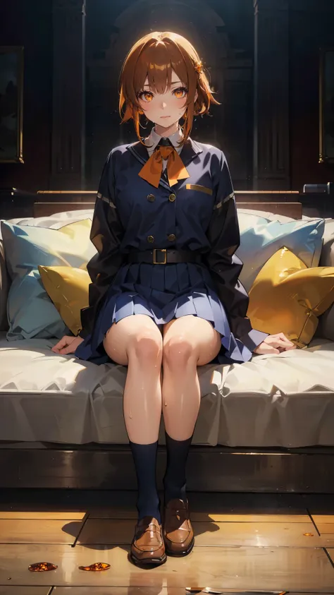 anime - style illustration of a woman in a high school outfit, Loafer, anime character, official character art, full body, female anime girl, sitting, (gleaming skin, oily skin, shiny skin, sweat:1.0), (amber color eyes:1.5), looking at viewer, 