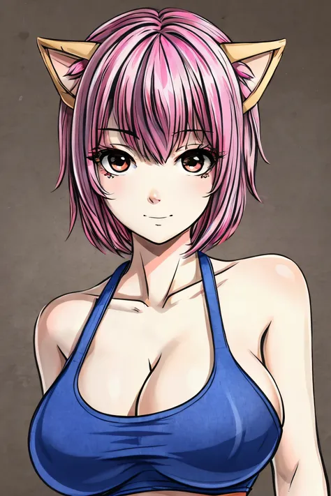 generates a real front image of a teenage Korean girl with short, spiky hair, some pink locks and metal style, big breasts, cleavage, tight pink tanktop