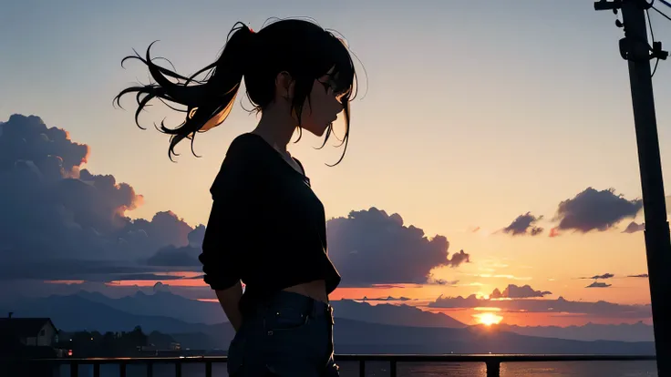 masterpicece, best quaility, dark background, girl, shorts hair, jeans, silhouette, dawn