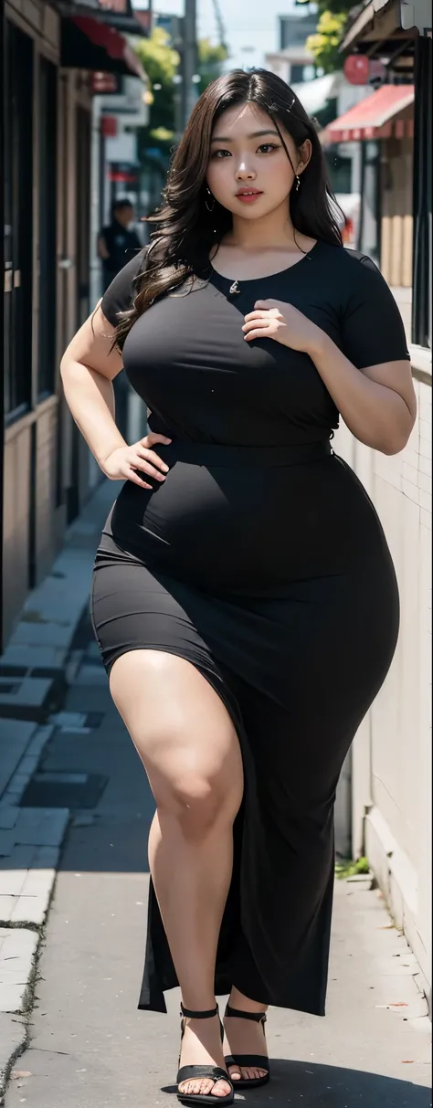 ((best quality)), ((masterpiece)), (detailed), malay woman, perfect face, araffe woman in a dark-black gamis walking down a street, thicc, she has a jiggly fat round belly, bbwchan, wearing tight simple clothes, skinny waist and thick hips, widest hips, he...