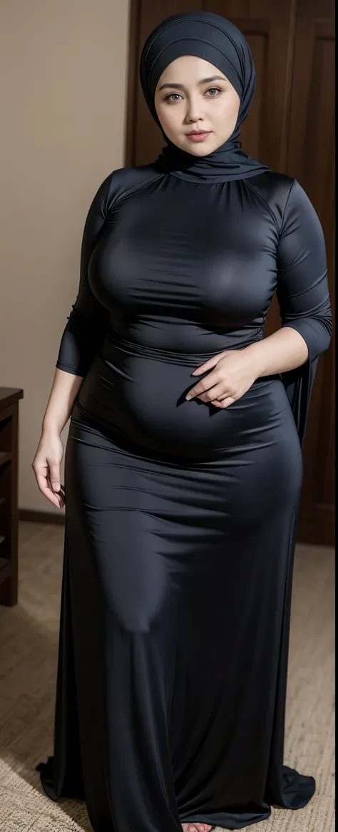 Chubby woman with fat belly and tight thighs, full body, 50-year-old mature woman, thick hips, thick neck, thick chest, big eyes, wearing a longest dress, wearing a hijab, hijabi woman