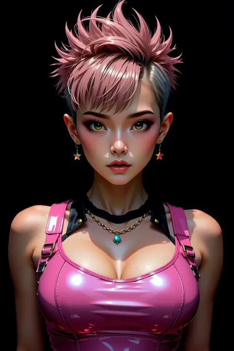 generates a real front image of a teenage Korean girl with short, spiky hair, some pink locks and metal style, big breasts, cleavage, tight pink tanktop, black background