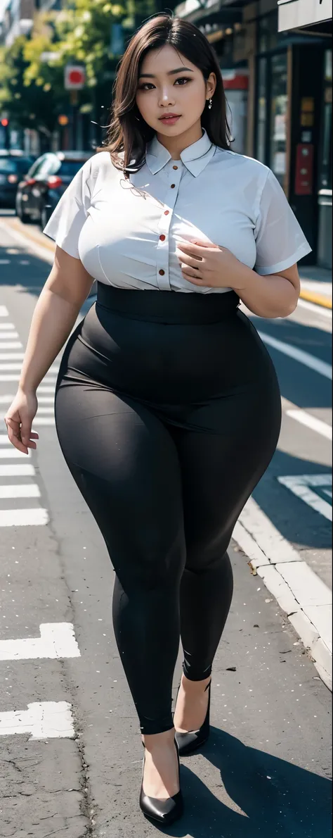 ((best quality)), ((masterpiece)), (detailed), malay woman, perfect face, araffe woman in a dark-black gamis walking down a street, thicc, she has a jiggly fat round belly, bbwchan, wearing tight simple clothes, skinny waist and thick hips, widest hips, he...