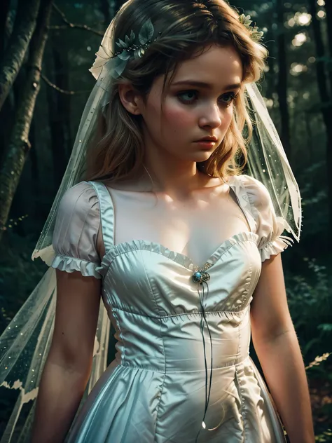 a beautiful sad girl fairy, delicate white silk dress, sorrowful expression, ethereal atmosphere, dramatic lighting, magical forest landscape, cinematic composition, intricate details, muted color palette, dreamlike quality, cinematic lighting, photorealis...