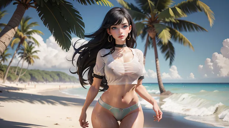 Best quality, 3d rendering work, 3DMM style, Close-up, Portrait,3D, 1girll, only, Black hair, earrings, looking at the camera, Realistic, Thin hips, Full body, head to thigh shot, 3/4 body shot, cowboy shot, ((White Cropped T-shirt)), (white cotton panties...