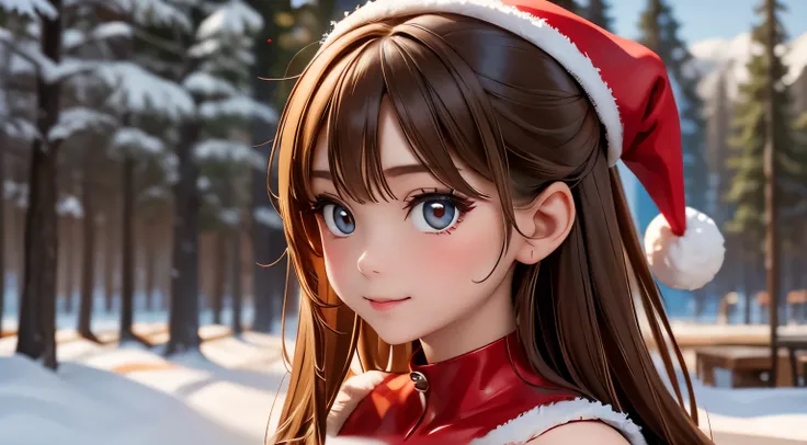 A neat and cute woman, a red Santa Claus costume, upper body, snowy scenery, created with ultra-realistic animation,