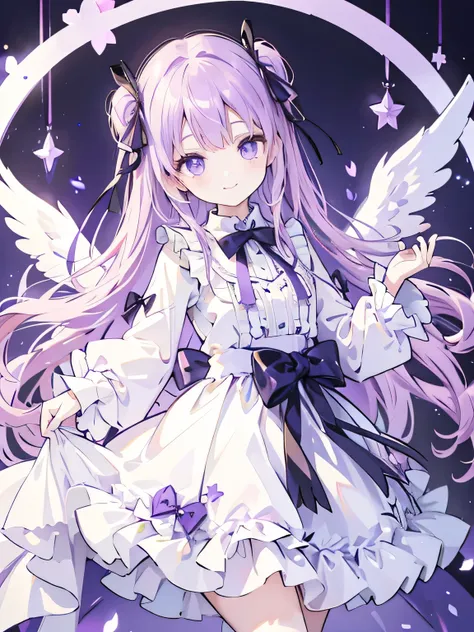 Calm down 、 vivid room  、 purple 、 smile、star、Idol、Beige Hair、   purple  eyes  、  wear a costume with an angel motif、  black ribbon