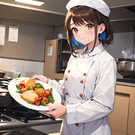 Best Picture, Best Quality, 1080p, 8K, Masterpiece, First Class, (perfect face), factory, (Asian cook), 1 person, female, (brown hair), 20 years old, (frontal (), full body, small chest, ((white top and bottom long sleeve cooking outfit with closed collar)...
