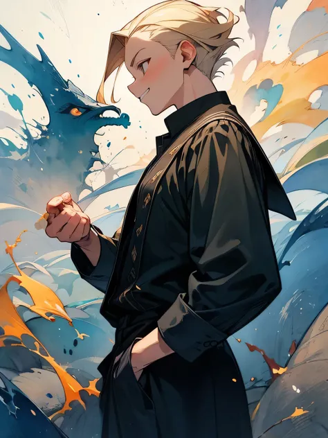 (sideview),alone,male,blonde short hair,big forehead,sideshaved,Intelligent male face 、males nose,males mouth, black judges clothes 、Fighting stance pose where you defend with both hands、Be on guard、grin, powerful emotions ,Ancient Memories ,like a paintin...