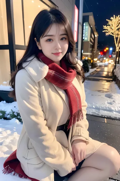 (Wore a winter uniform and scarf coat、 Close-up portrait of a girl with long hair and dull bangs:1.5)、(one person*** wearing a winter uniform and scarf coat spreads her arms and has a shy smile :1.5)、Age 25、( Christmas decorations on a street corner on a s...