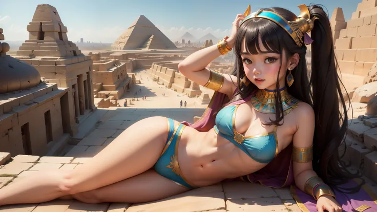 Cute Ancient Egyptian Girl、A hill overlooking the colourful temples of ancient Egypt、A colorful view of the whole city, 子供綿  underwear visible ,  underwear visible ,  translucent chemise 、,  low angle、 rens panties visible , figure 