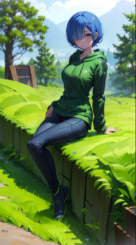 Acme Face、Random pose、short hair、Blue Hair、、hair over one eye、、nsfw、Highest quality、1 girl、Alone、、Sexy pose、、
BREAK (Green theme: 1.5), (Wearing a long sleeve (green hoodie with zip-up) over [[Black innerwear]]: 1.4), (Zip-up: 1.5), ((Cleavage, collarbone)...