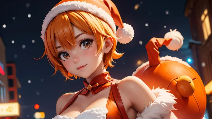 A neat and cute woman, wearing an orange Santa Claus costume, upper body, short hair down to the shoulders, snowy scenery in the city at night,